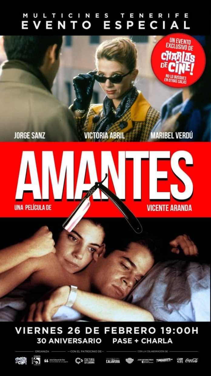 Cartel evento especial Amantes, con Charlas de Cine.