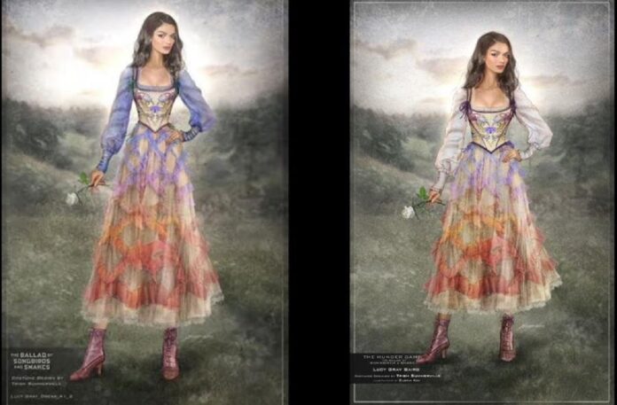 Diseño de vestuario del personaje de Lucy Gray Baird, en Los Juegos del Hambre: Balada de pájaros cantores y serpientes.