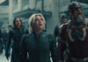 Bucky Barnes (Sebastian Stan), Ghost (Hannah John-Kamen), Yelena Belova (Florence Pugh), John Walker (Wyatt Russell), and Red Guardian/Alexei Shostakov (David Harbour) in Marvel Studios' THUNDERBOLTS*. Photo courtesy of Marvel Studios. © 2024 MARVEL.