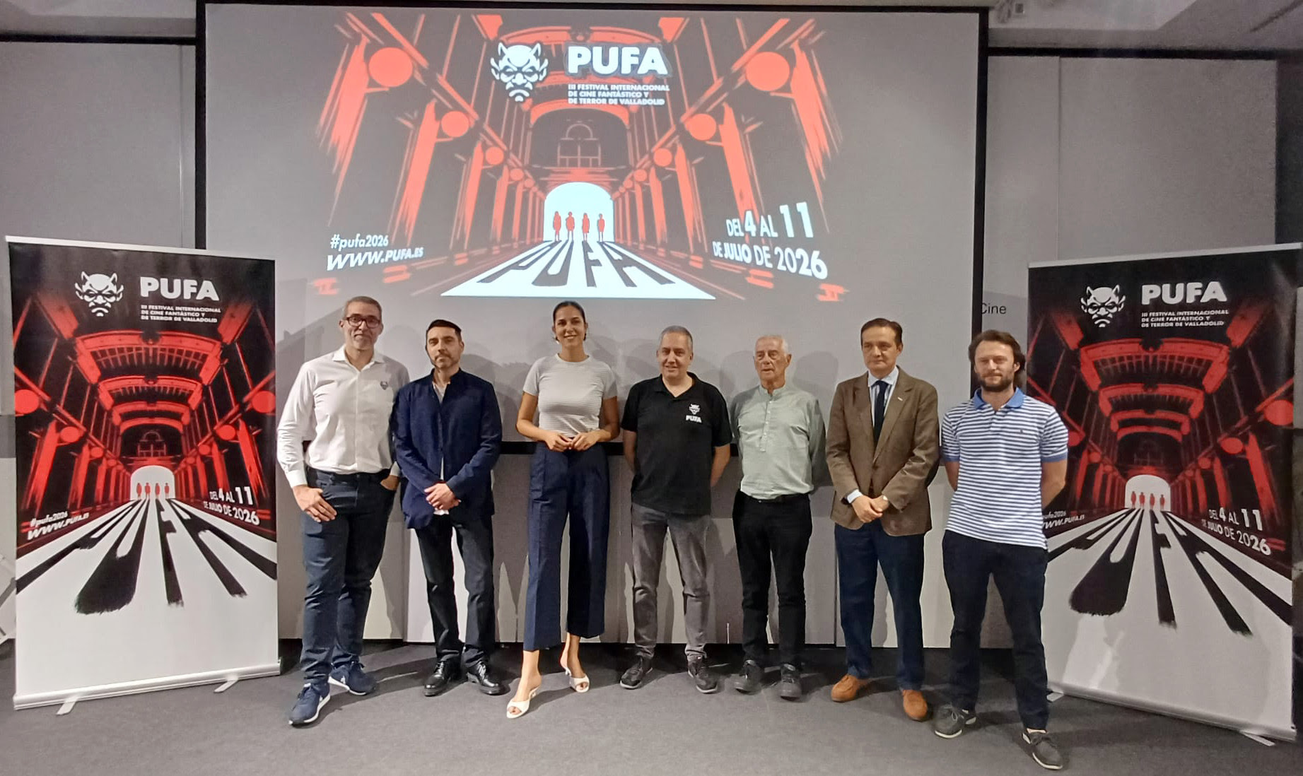 pufa2026_ruedadeprensa David Pérez, Javier H. Estrada, Blanca Jiménez, Daniel Farriol, Francisco Heras, Raúl Fernández Sobrino y Jason Heras, en la rueda de prensa de presentación del PUFA 2026.